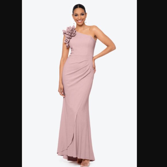 NWOT XSCAPE "Ivy" One-shoulder Ruffle Scuba Crepe Gown, sz 4 - Picture 6 of 12